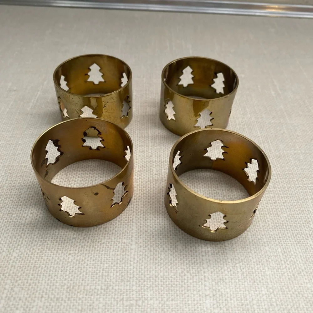 Vintage‎ Brass Laser Cut Christmas Tree Cut Out Napkin Rings Set of 4 Holiday